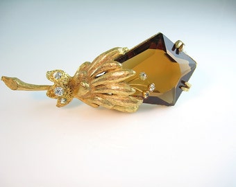 Vintage Hattie Carnegie Flower Brooch / Topaz Glass / Trembler Rhinestones / Statement 1960s Jewelry