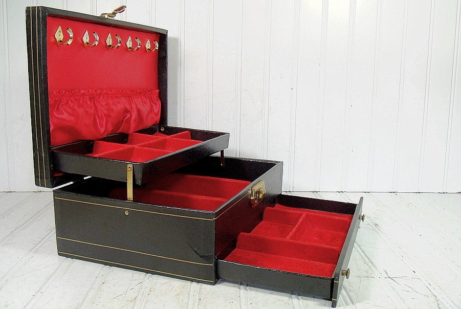 Vintage Large Black Jewelry Box with Gold Trim & Key Retro