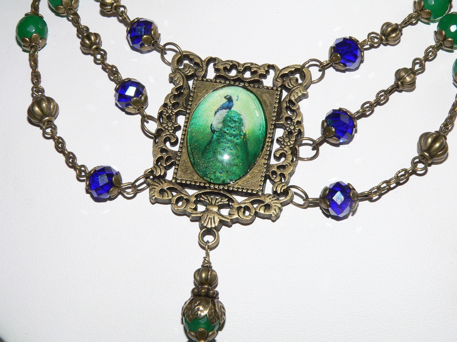 Peacock Cameo Statement Necklace Green Jade With Antique Brass Ebay 4243