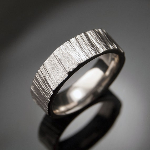 Saw Cut Wedding Band Ring, Textured Palladium or White Gold, Unisex Wedding Ring, Rustic Wedding Band, Mens Wedding Ring, Wood Grain Ring