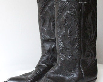 Vintage Justin Black with Black Stitching Cowboy Boots 8 EE