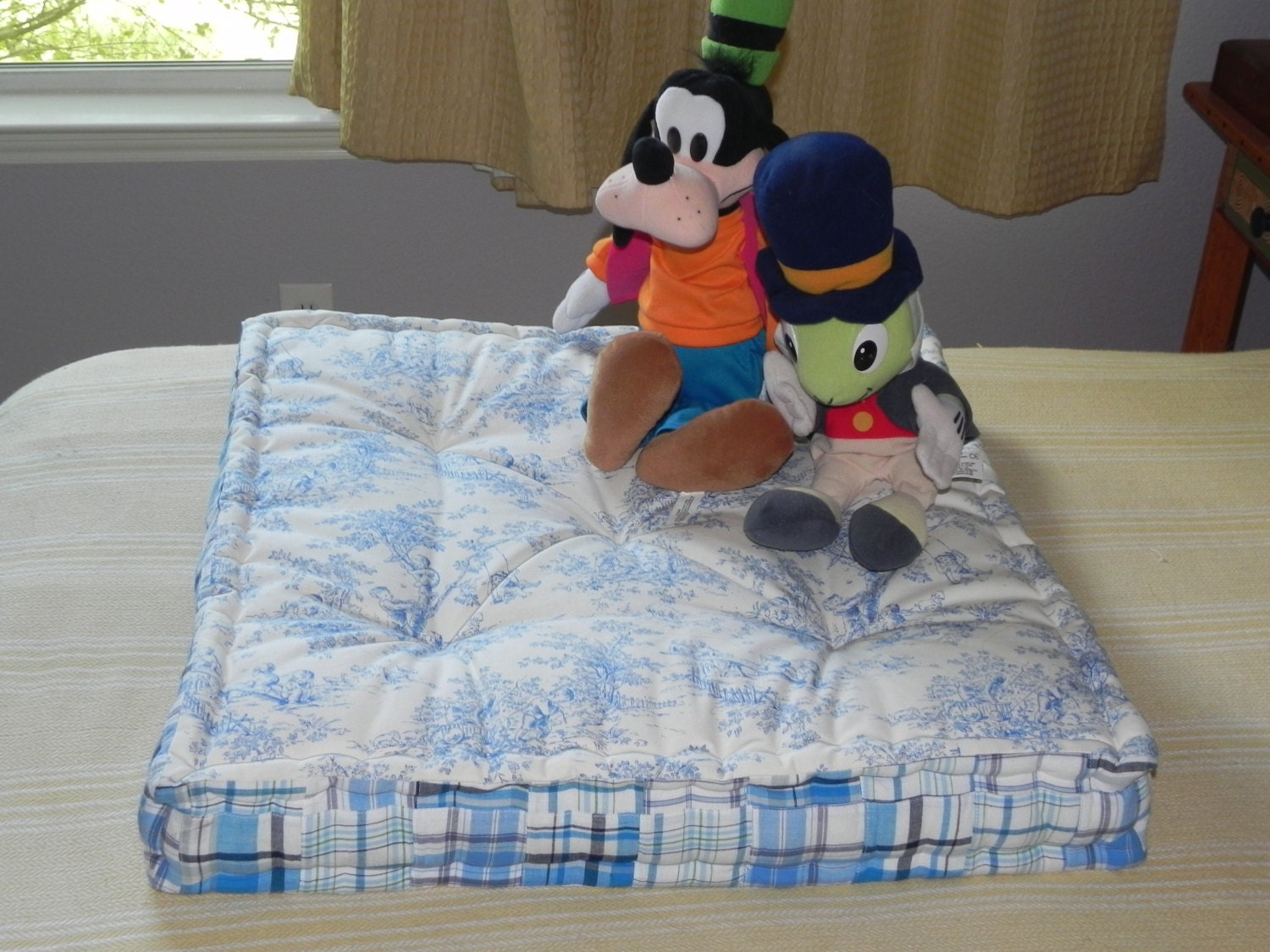 Toile Hand Tufted Floor Pillow Pet Bed Blue and by FloatingThimble