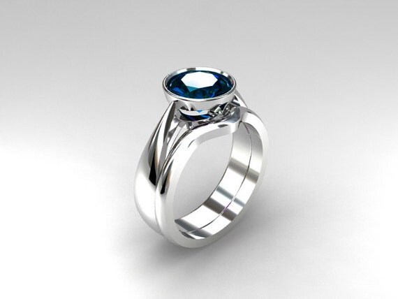 engagement ring set, London blue topaz ring, curved wedding band ...