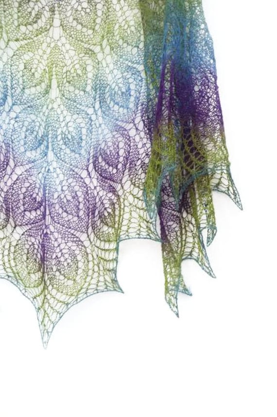 Peacock hand knit lace shawl purple blue green spring