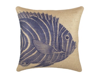 Burlap Fish Pillow Cover, Nautical Cushion, Beach Pillow Cover, Navy and Beige