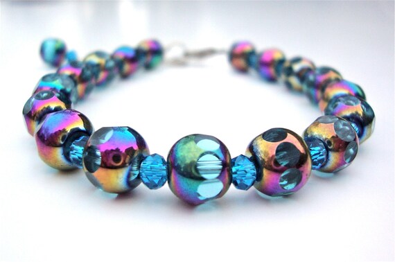 Iridescent aqua blue beaded bracelet unique by sparklecityjewelry