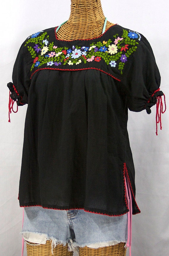 Mexican Peasant Blouse Puff Sleeve Hand Embroidered: La