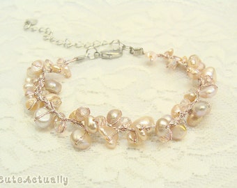 Pink freshwater pearl bracelet with crystal on silk thread