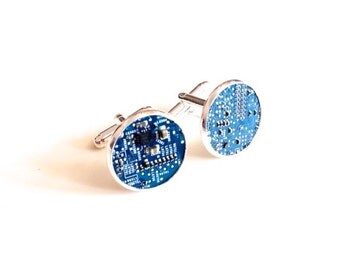 Motherboard cufflinks geek blue silver plated computer circuitry steampunk cyberpunk techno up cycled recycled circuit board