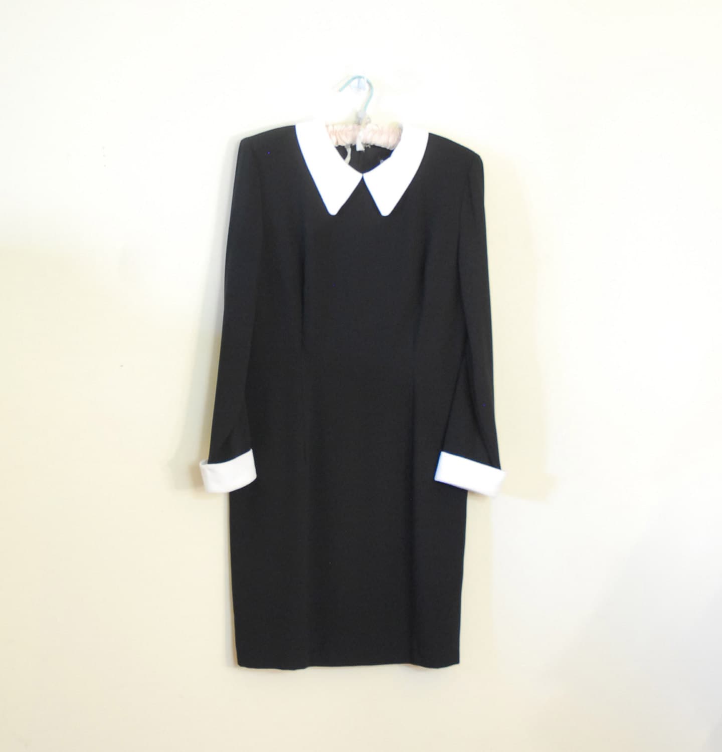 Long Sleeved Black  Dress  with White  Collar  and Cuffs  1980s