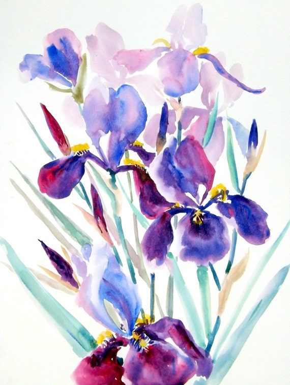 Irises original large watercolor painting modern abstract