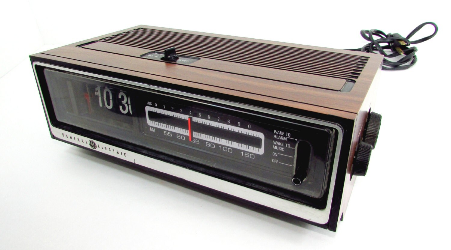 Vintage General Electric Wood Grain Alarm Flip Clock Radio