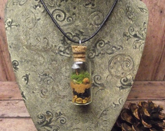 Terrarium Necklace - Free Shipping - Live Moss with Tiny Raku Fired Glow in the Dark Ceramic Mushroom - Live Jewelry Handmade By Gypsy Raku