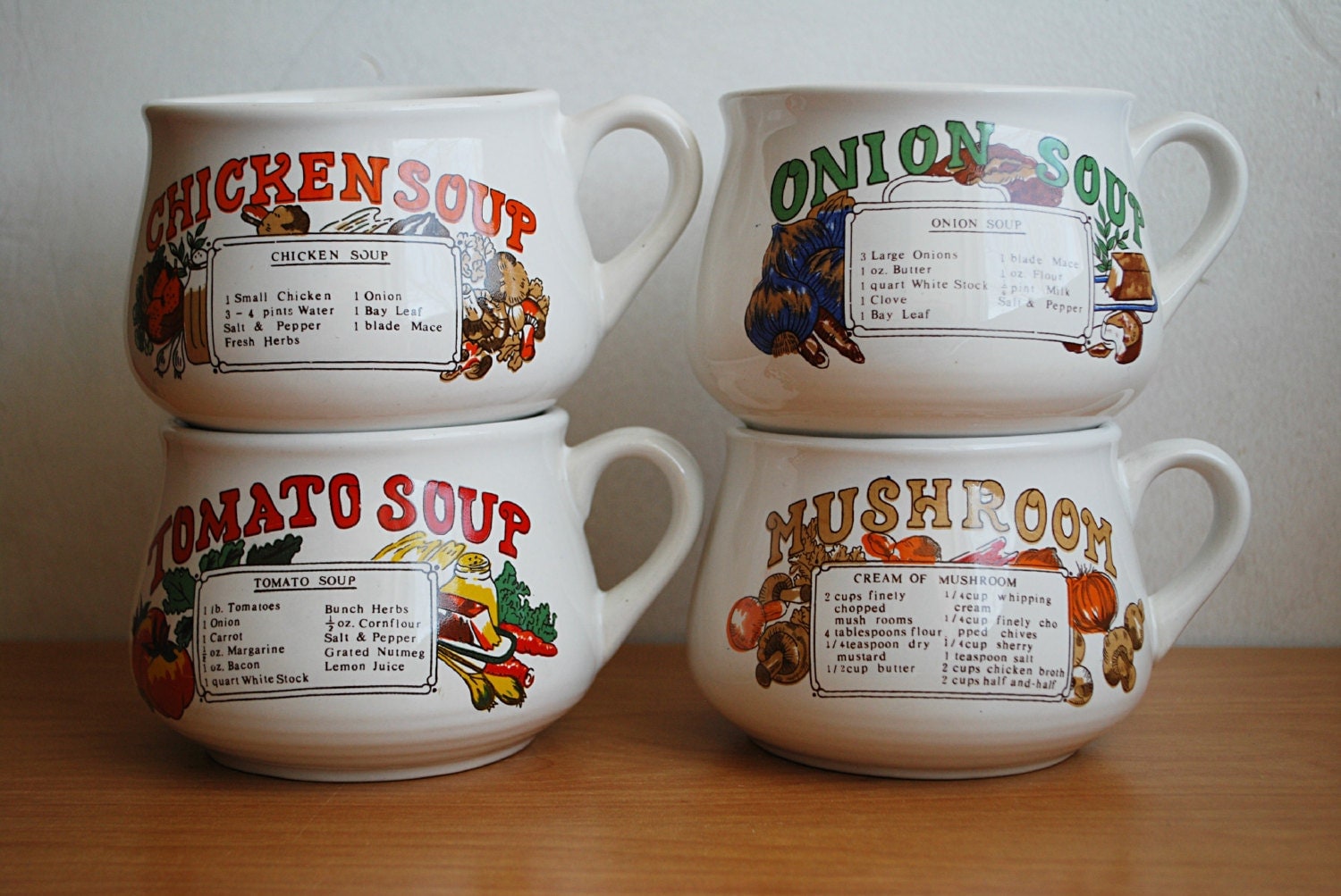 Vintage Recipe Soup Bowls/Mugs With Handle set of 4 Onion