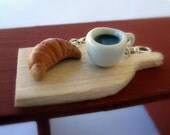 Polymer clay drop earrings, coffee croissant breakfast, miniature food jewelry under 25