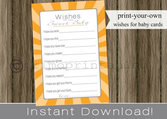 Baby Shower Wishes for Baby cards orange girl or boy INSTANT DOWNLOAD printable file print your own Il_570xn
