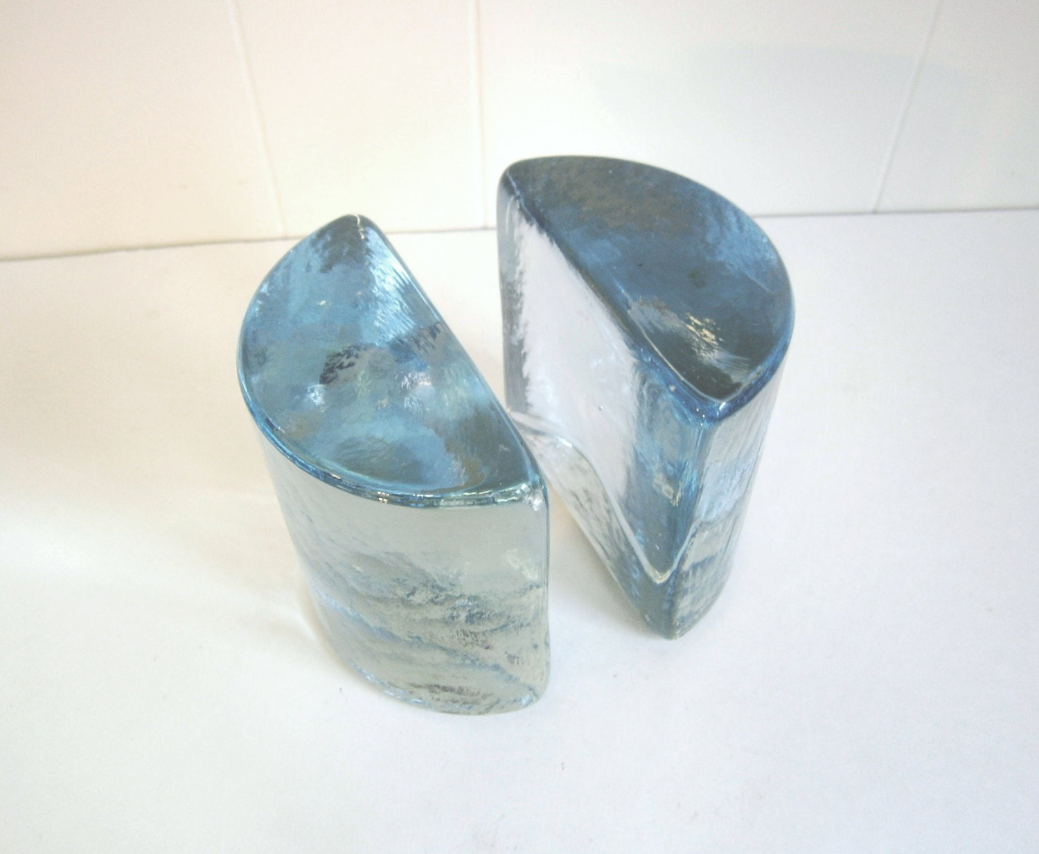 Vintage Blenko Crystal Glass Half Moon Bookends Book Ends