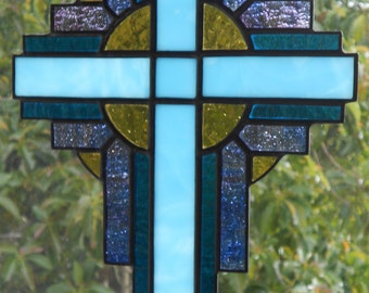 Stained Glass Cross Suncatcher, Turquoise Blue #105