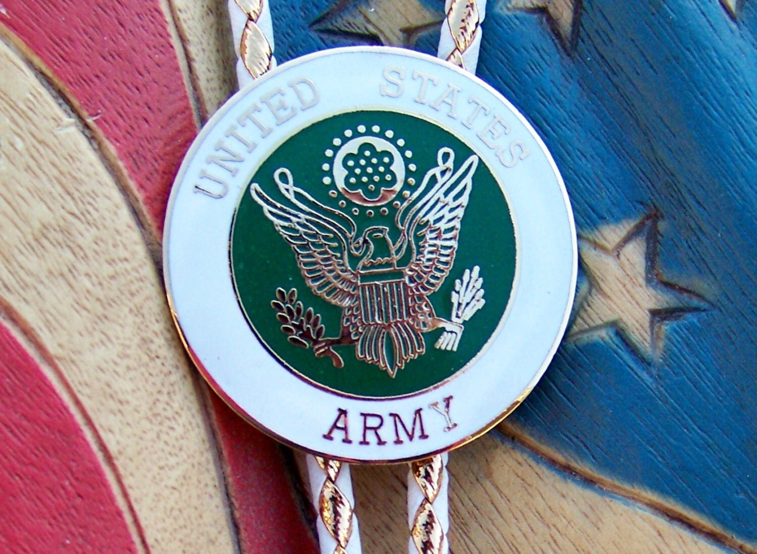 U.S. Army Color Emblem Bolo Tie Dressy White and Gold Cord