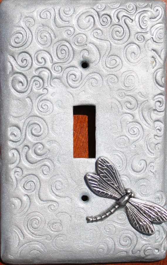 Silver Dragonfly Swirls Polymer Clay Light Switch Plate Cover