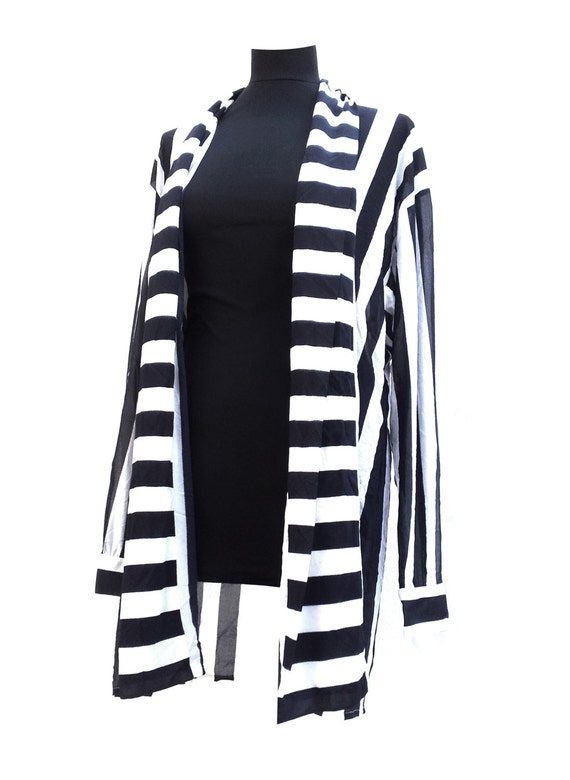 Black and White vertical Stripe Blazer sheer by Buyairsupply