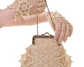 30% OFF- Claire hand-crochet lace bridal purse and gloves set vintage inspired ecru - ready to ship