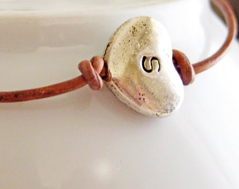 Hand Stamped Leather Wrap Bracelet - Personalized Valentine Jewelry - Friendship Bracelet - Heart Charm - Gift, Favor, Bridal, Birthday