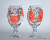 Hand Painted Orange Flower Wine Water Glasses Upcycled Original Art Wedding Bridal Shower Home Decor Drinks Iced Tea