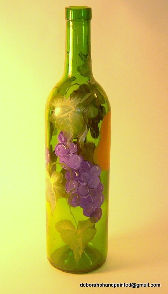 Olive Oil Bottle Hand Painted Pears Purple by Deborahshandpainted