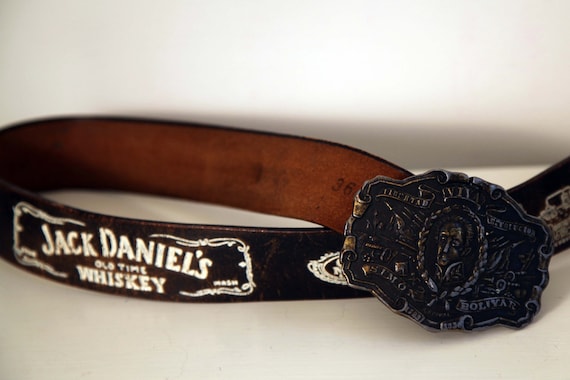 Vintage 70s Jack Daniels Tooled Leather Belt with buckle mens