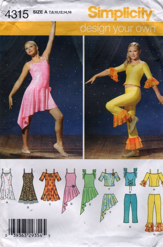 Simplicity 4315 Girls DANCE COSTUME Pattern Tops Pants Skirts