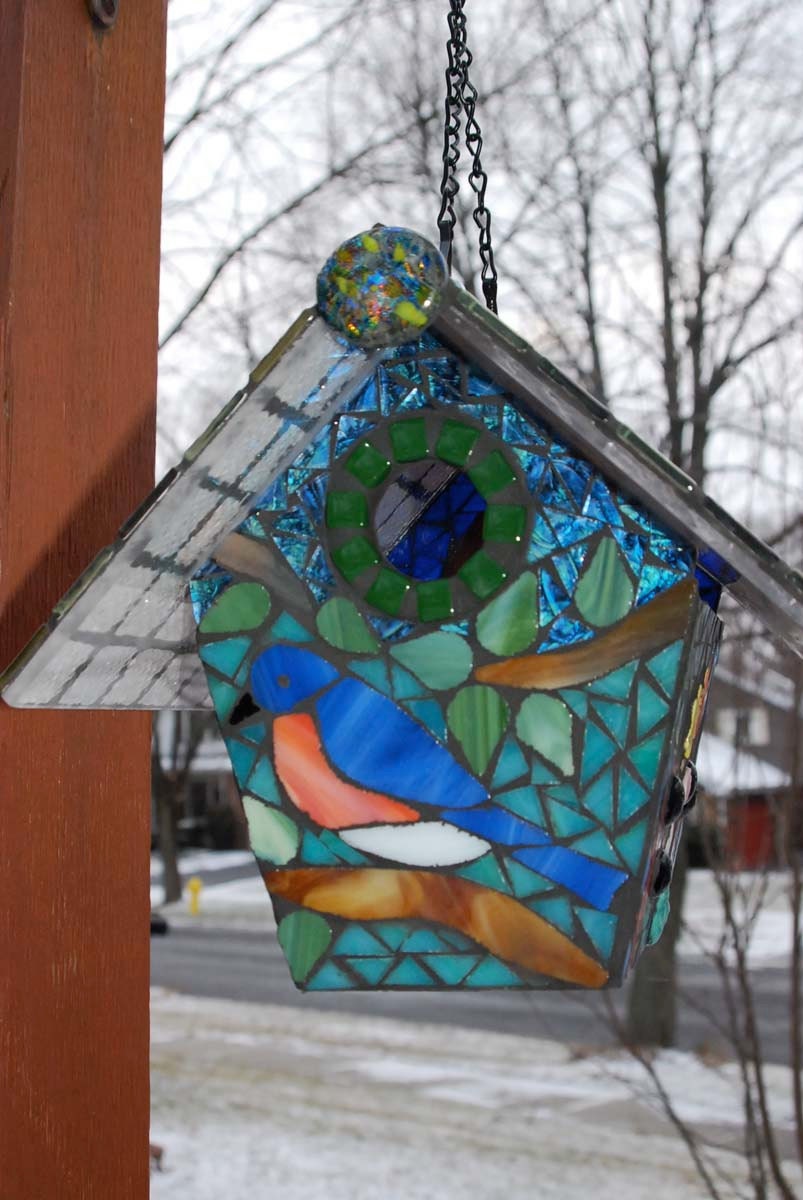 Birdhouse Stained Glass Mosaic Blue Bird by NatureUnderGlass