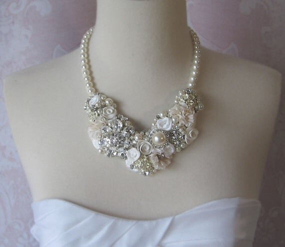 Bridal Statement Necklace, Pearl and Rhinestone Wedding Jewelry, Ivory, and Cream Collage Bib Neckalce - HYDE PARK