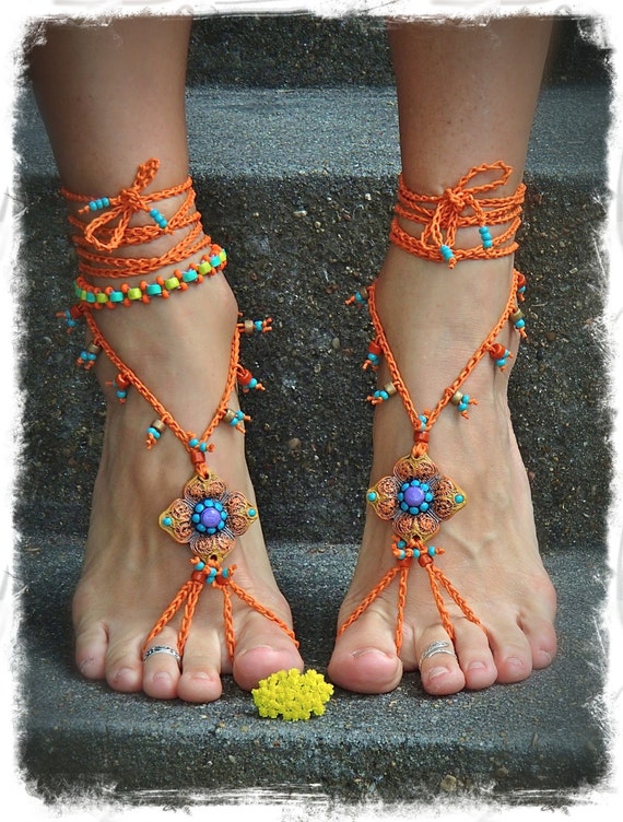 Shanti BAREFOOT SANDALS Burnt Orange Wedding beaded Crochet