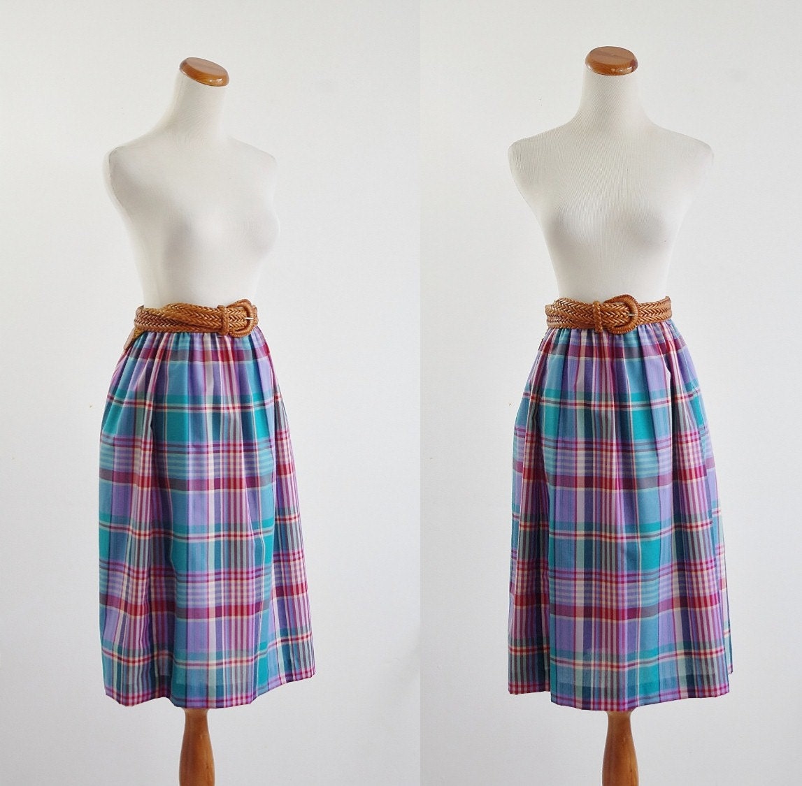 Vintage Madras Plaid Skirt 1980s 80s Checked Skirt Teal Blue