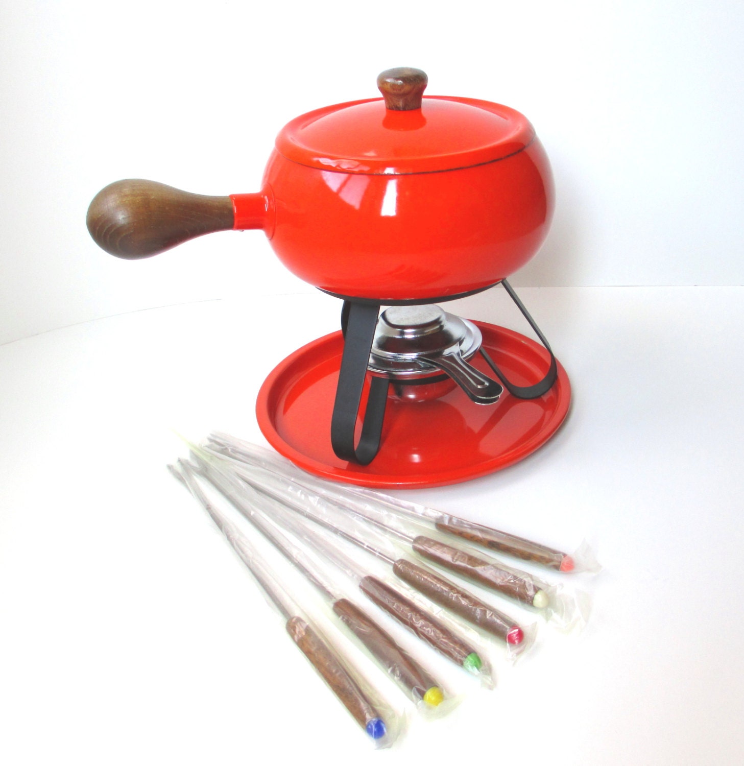 Vintage Fondue Set Orange Fondue Pot and Forks