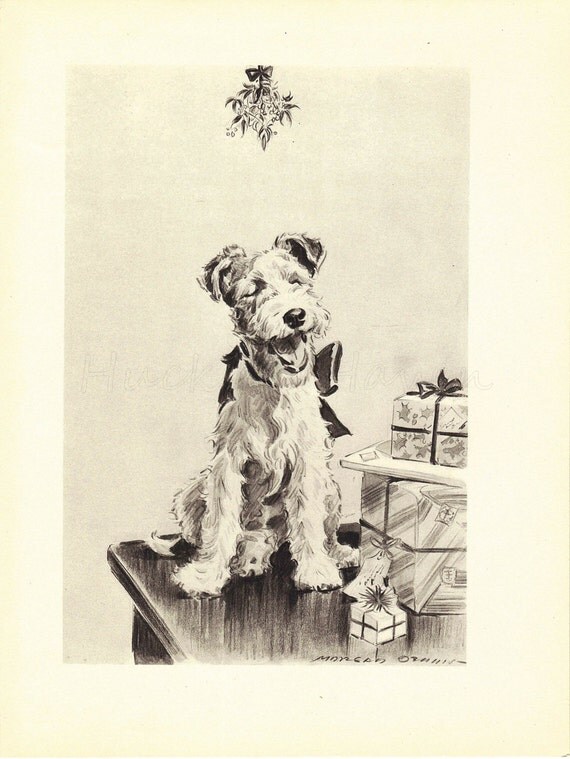 CHRISTMAS TERRIER 1940s  Dog Print, Morgan Dennis, Black & White Wall Decor, Art Illustration to Frame, Animal Print,  HOme Decor