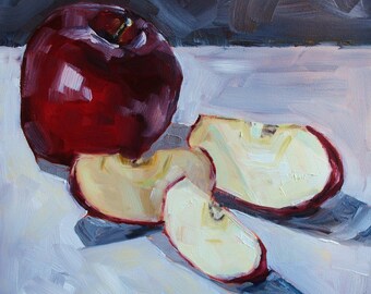 Still Life Fruit Painting - Original Oil - Sliced Red Apple - 8 x 8