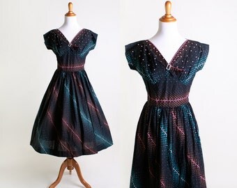 Vintage 1950s Dress - Rhinestone and Pearl Black Swirl Cotton Day Dress - Medium