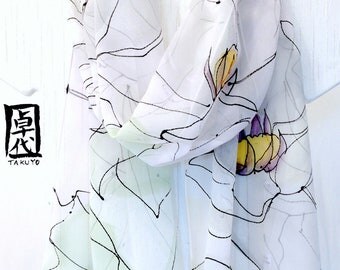 Hand Painted Silk Scarf, White Magnolia Scarf, White Silk Scarf, Large Silk Scarf, Silk Chiffon Scarf, Approx 13x69 inches. Made to order.
