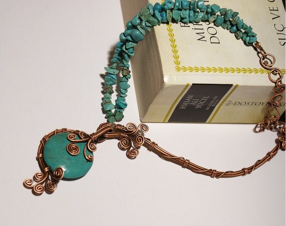 turquoise necklace-copper wire wrapped jewelry handmade