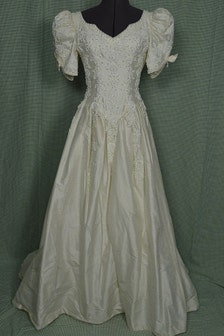 Vintage 1980s White Short Sleeve Shantung w Faux-Pearls Wedding Gown ...