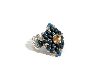 Handmade Beaded Ring, Denim Blue, Bead Weaving Ring, Stretch Band, Bead Weaving Jewelry, Handmade Ring