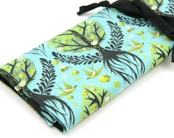 Large Knitting Needle Case - Tree of Life - black pockets for all sizes, straight, circular or paint brushes.