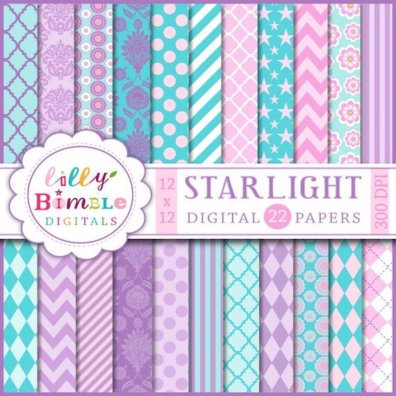 STARLIGHT DIGITAL PAPERS Lavender, purple, turquoise, pink digital scrapbook papers printable download Il_570xn