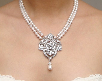 Bridal Necklace, Statement Necklace, Pearl Necklace, Vintage Style Wedding Jewelry, Ivory Pearl Necklace, Great Gatsby Jewelry, JOSEPHINE