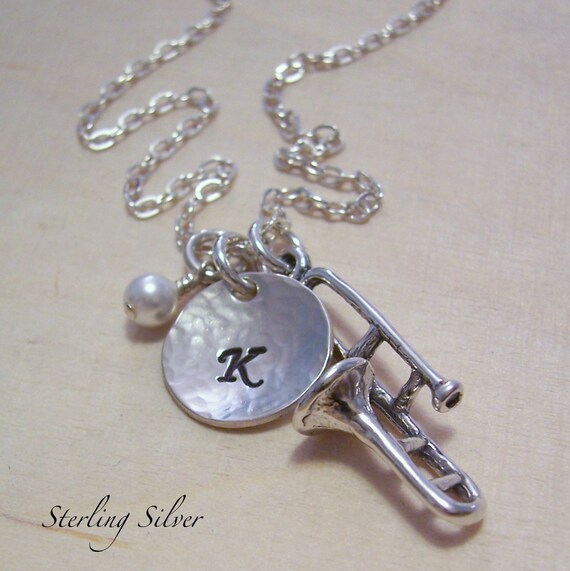 Trombone Charm Necklace Personalized Hand Stamped Sterling