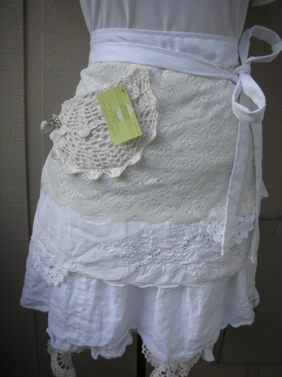 Monogramed Aprons - Aprons - Handmade Half Aprons - Shabby Chic Aprons - French Flea Market Chic Apron - Annies Attic Aprons
