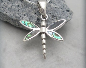 Dragonfly Necklace, Abalone Shell Pendant, Sterling Silver, Nature Jewelry, Summer Necklace, Dragonfly Pendant, Graduation Gift (SN630)