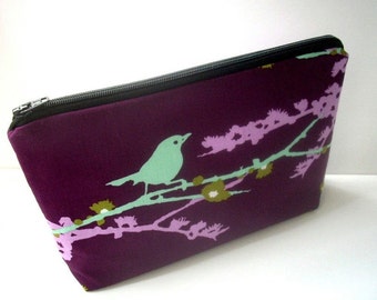 Large Cosmetic Bag Flat bottom Zipper Pouch Padded ECO Friendly Sparrows on Plum